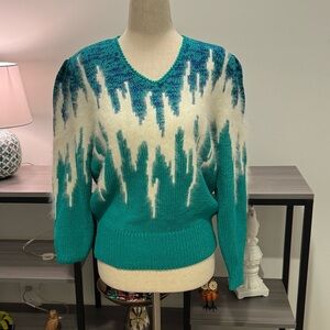 💎 Vintage Christine Teal & Ivory Mohair Blend Sweater | Size M